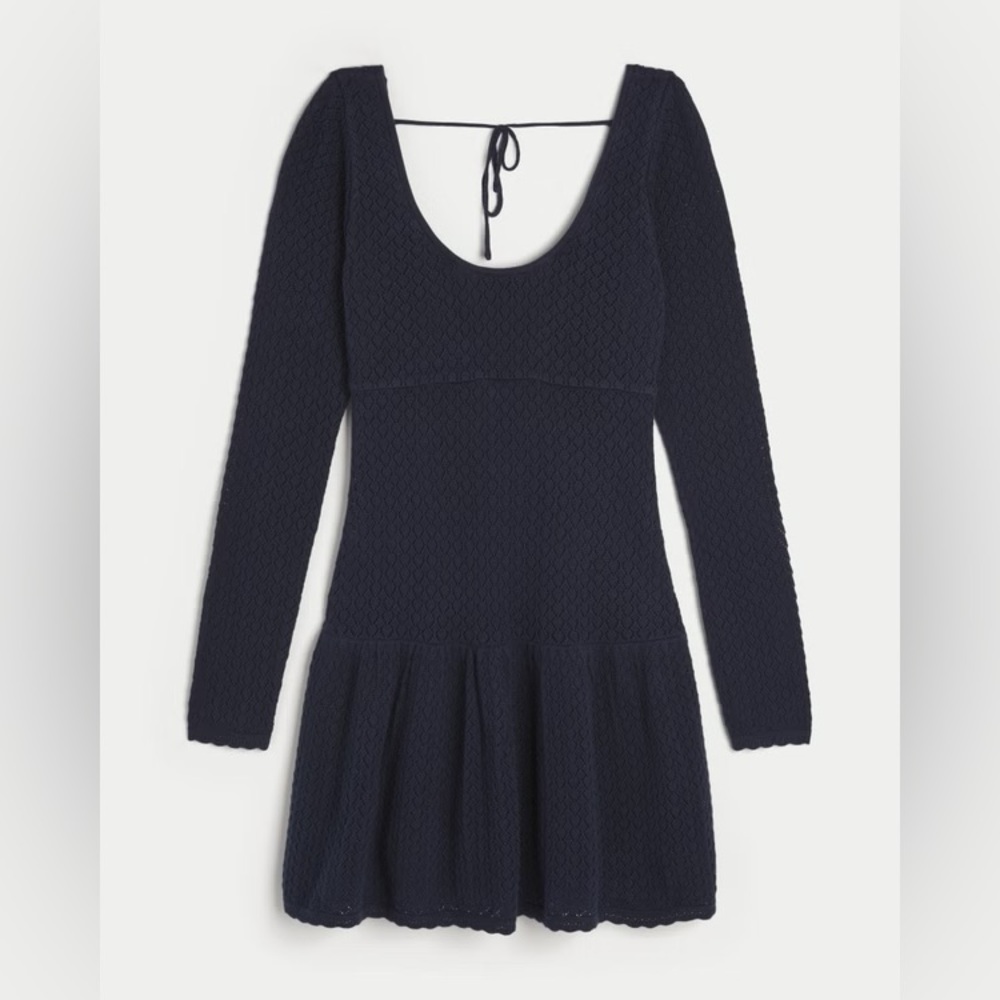 Hollister Long Sleeve Drop Waist Crochet Style Mini Skater Dress NWT Navy Sz XL